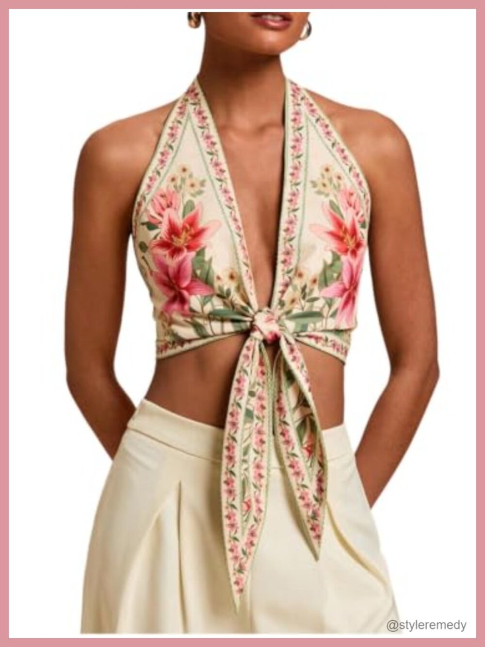 Women's Floral Boho Halter Crop Top Backless Western Bandeau Top